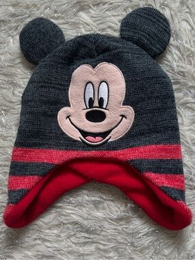 Disney Junior Mickey Mouse Gray and Red Earflaps Knit Unisex Hat 2T 3T 4T